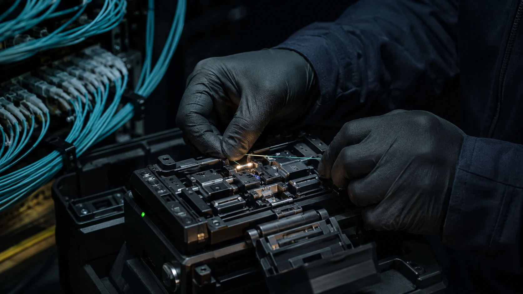 Concept image of a technician working on fibre optic connections