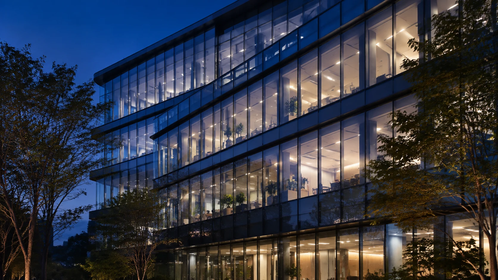 Concept image of a modern commercial smart building at dusk